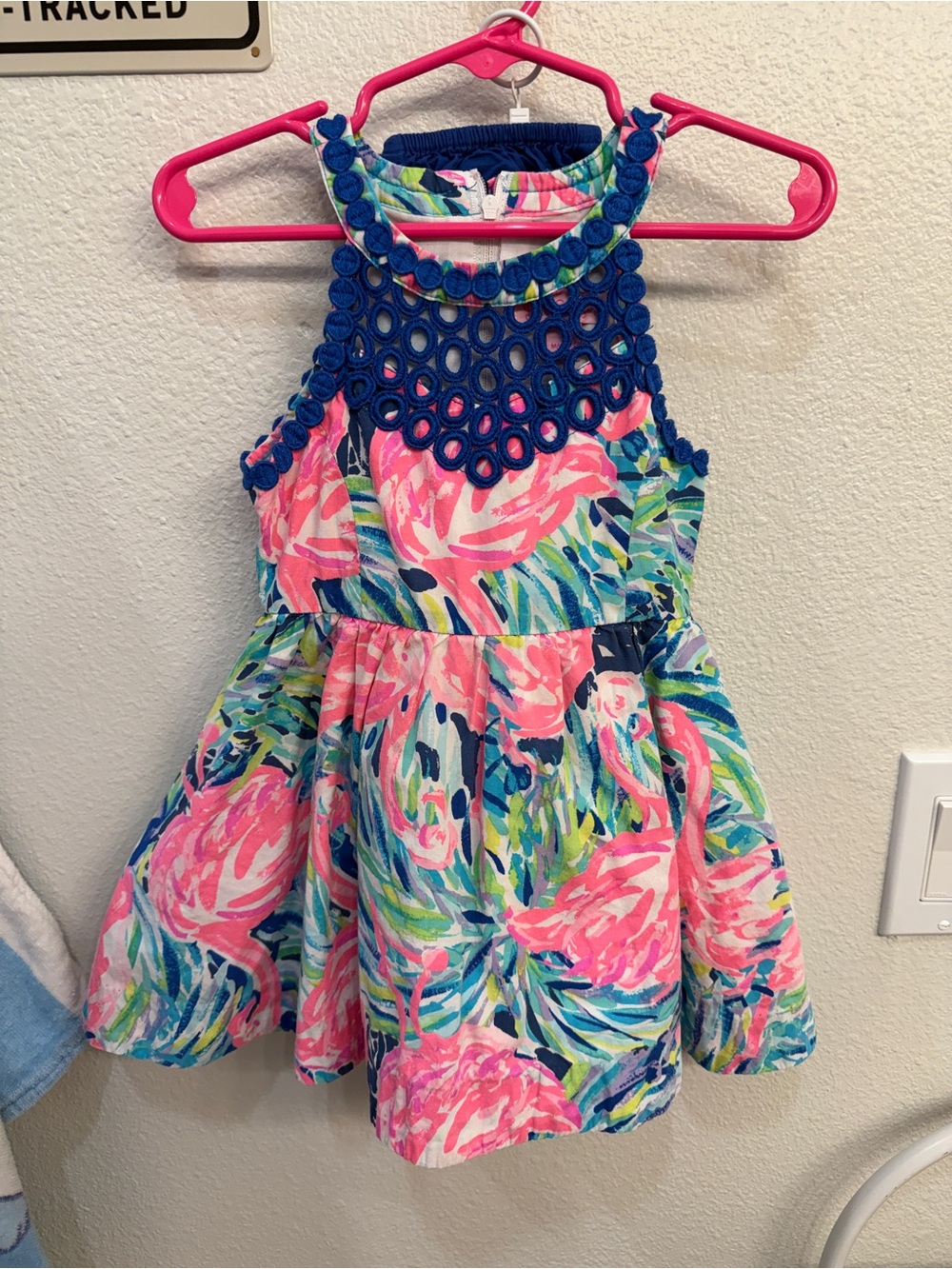 Lilly Pulitzer Pink & Blue Floral Halter Dress with Navy Crochet Yoke
